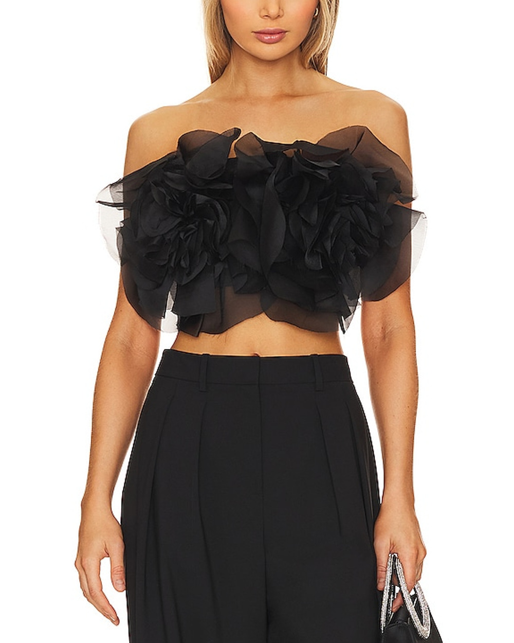 Bardot Ruffled Black Fleurette Bustier Top Size 2